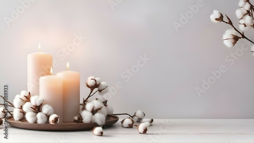 Generative AI burning candles and cotton flowers on a pale background 