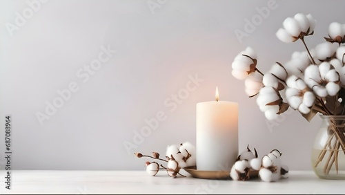 Generative AI burning candle and cotton flowers on a pale background 