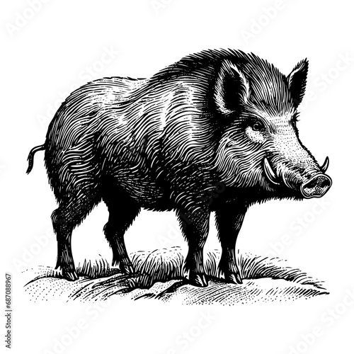Wild boar drawn in hand sketch on an isolated background. Engraved drawing. Black and white style. Ideal for card, book, poster, banner. Full height. Vector illustration Vintage monochrome style photo