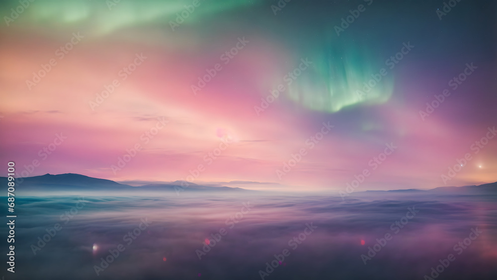 An abstract background inspired by the Aurora Borealis, featuring radiant bokeh lights dancing in the sky amidst dreamy, pastel-colored hues reminiscent of a vintage-inspired fantasy realm.