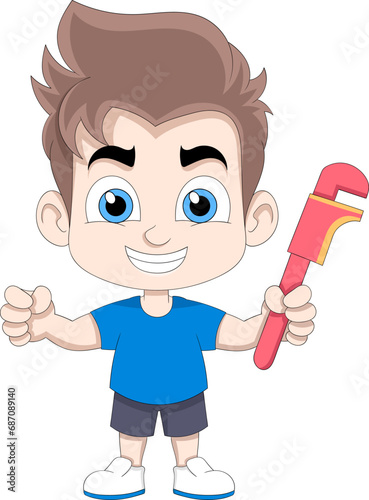 boy was standing with a wrench wanting to fix everything that was broken