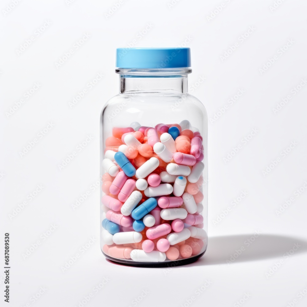 Medicinal drugs in the capsules. Colorful pills and capsules in glass vials on white background. Colorful pills in a glass bottle isolated on white. Medicinal drugs in the capsules. Colorful pills and capsules in glass vials on white background. Colorful pills in a glass bottle isolated on white.