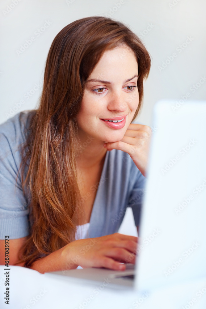 Home, woman and thinking with a laptop, typing and happiness with mockup space, relax and network. Person, apartment and girl with a pc, peaceful or planning with problem solving, idea or digital app Home, woman and thinking with a laptop, typing and happiness with mockup space, relax and network. Person, apartment and girl with a pc, peaceful or planning with problem solving, idea or digital app