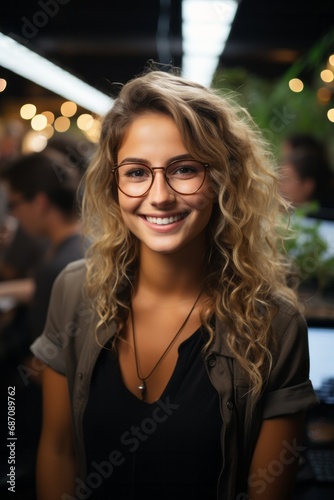Beautiful woman with glasses in modern office, freelance, businesswoman, work in company, profession