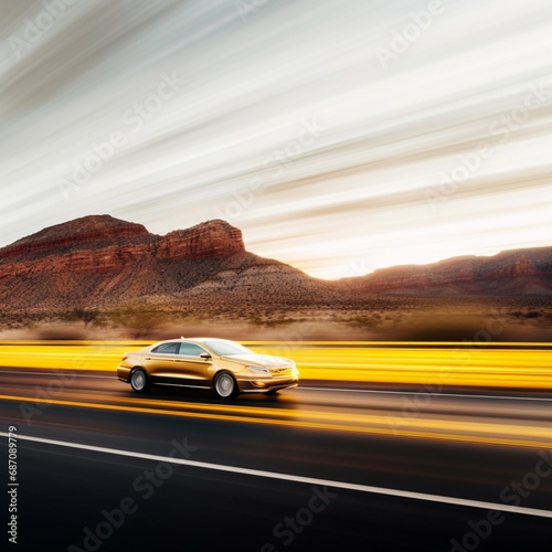Motion blurred car, Utah road, mountains, double yellow lines