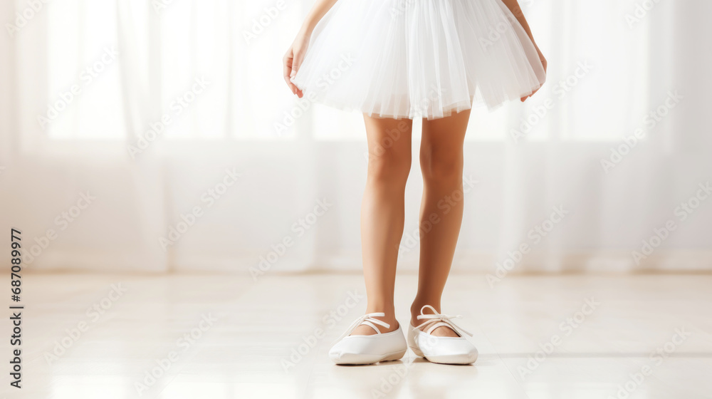 Little ballerina legs in pink dance shoes and tutu. Light festive background. Copy space. Generative AI Little ballerina legs in pink dance shoes and tutu. Light festive background. Copy space. Generative AI