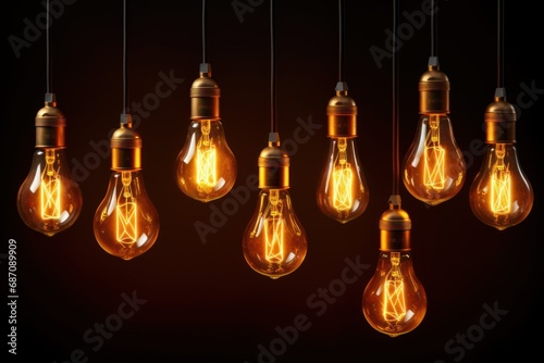 Fashionable retro vintage style soft amber hue glowing filament Edison light bulbs dark transparent background