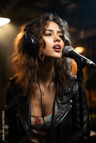 Portrait of young woman in specialized headphones who sings into microphone in recording studio, singing, songwriting, karaoke © Good AI