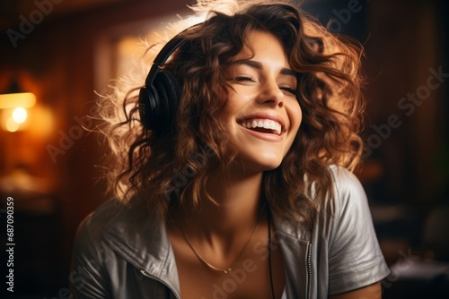 Portrait of young woman in large headphones, headphone advertising, music advertising, music radio station