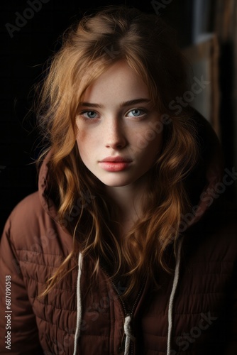 Portrait of scandinavian nordic red-haired woman with light eyes