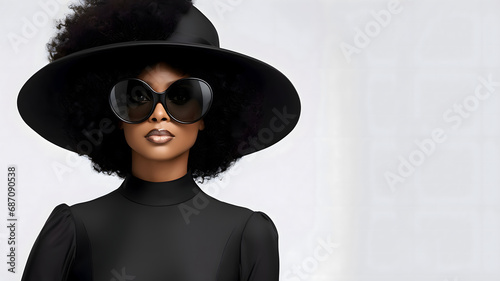 African American woman wearing black hat and sunglasses isolated on grey background with copy space. photo