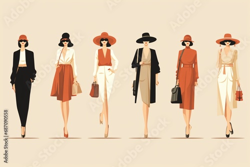 Cartoon illustration of vintage fashion with models wearing vintage and retro outfits