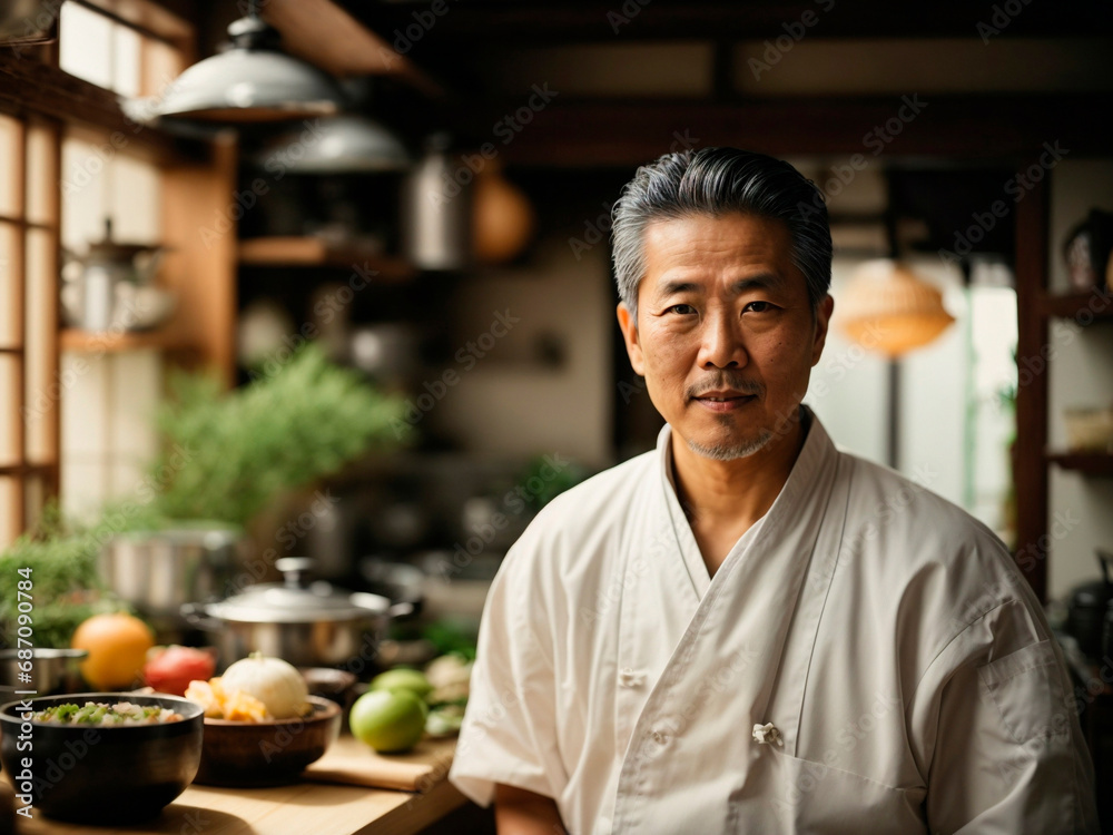 Traditional Japanese chef in his kitchen. Generated by AI Traditional Japanese chef in his kitchen. Generated by AI