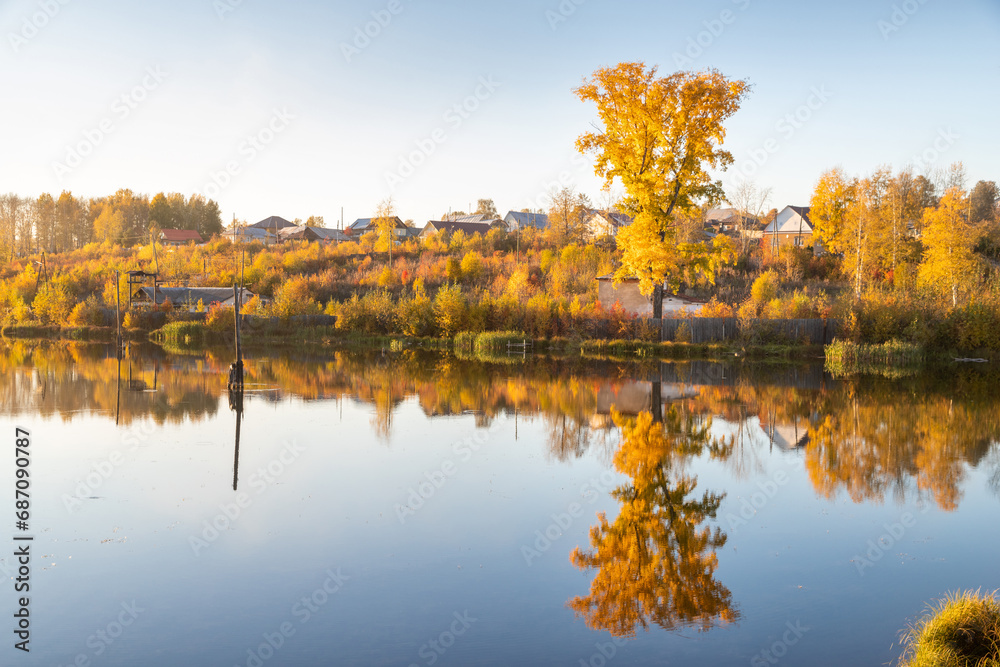 autumn landscape with tree, sky and pond