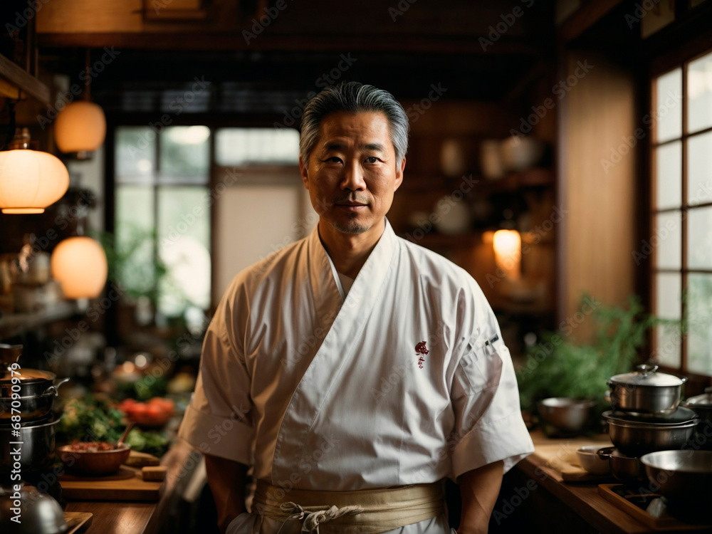 Traditional Japanese chef in his kitchen. Generated by AI Traditional Japanese chef in his kitchen. Generated by AI