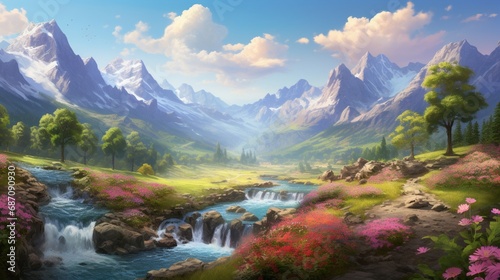 a secluded valley surrounded by majestic mountains, its peaceful ambiance and vibrant flora creating a harmonious scene against the simplicity of a white background.