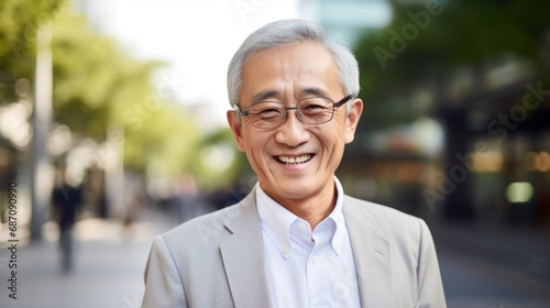 Smiling elderly Asian businessman in the city. A happy old Chinese man wearing glasses and a business suit standing outdoors on a summer day. Handsome senior man in a classic suit standing outside..