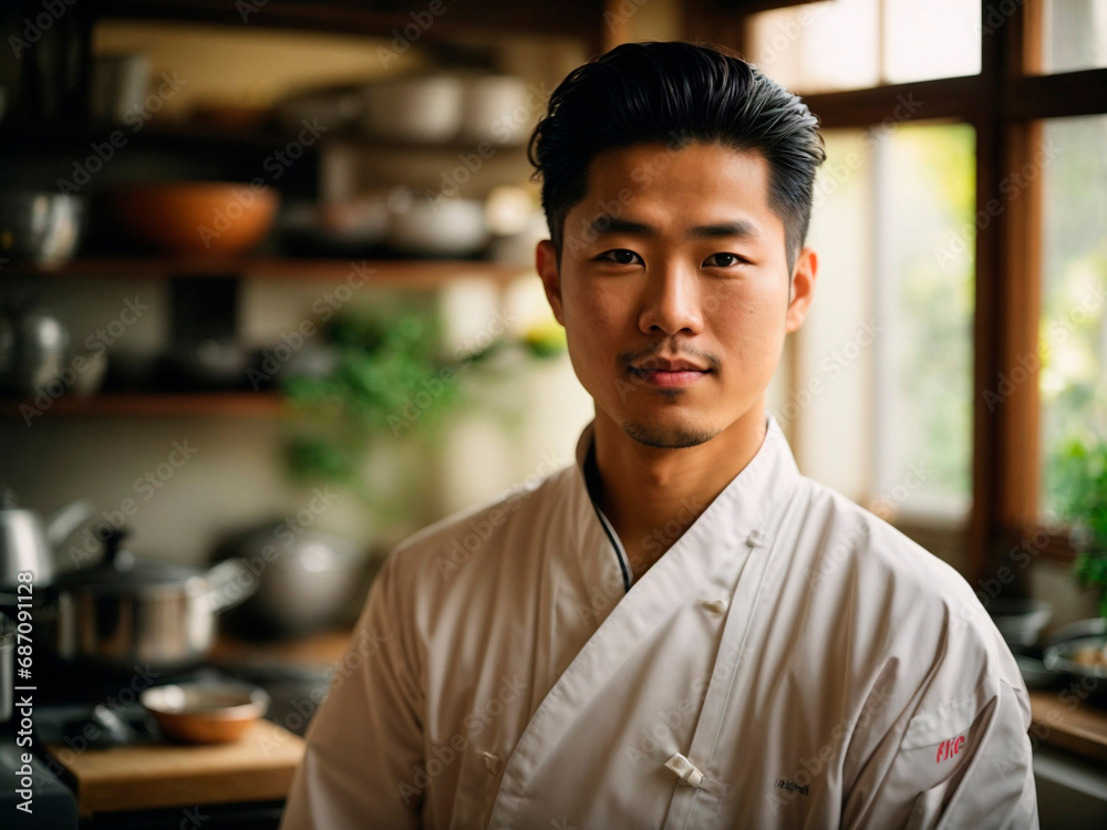 Traditional Japanese chef in his kitchen. Generated by AI 