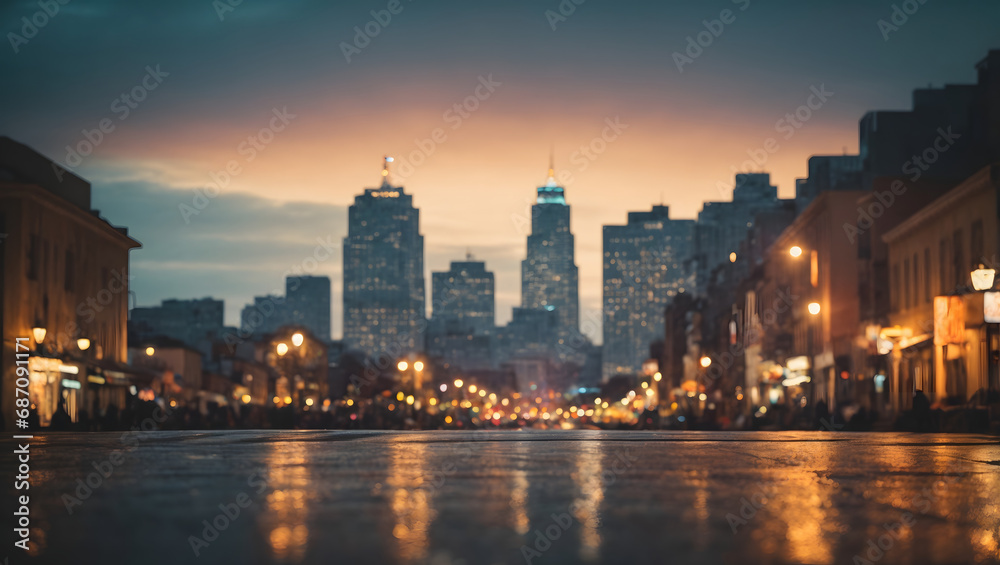 An abstract background capturing the ambiance of a city at twilight, featuring bokeh lights and the silhouette of buildings against a vintage-toned sky.