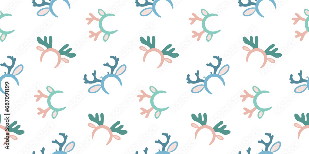 Pastel Reindeer Antlers Headband Seamless Pattern. Christmas Vector Illustration. New Year Wallpaper
