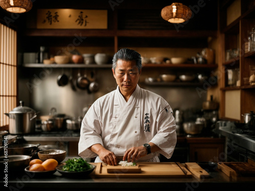 Traditional Japanese chef in his kitchen. Generated by AI 