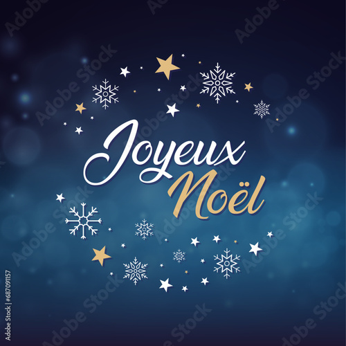Carte pour les vœux de Noël - Joyeux Noël - Ilustration pour les fêtes de fin d'année - Texte et illustrations d'étoiles et de flocons sur fond bleu - Vecteur éditable festif et décoratif 