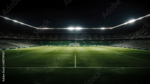Empty stadium with lush green grass, ready for a soccer or football match. Pristine field awaits excitement and energy of game, embodying the anticipation and potential for thrilling sports moments. © Ilia