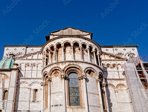 Image of the exterior of the artistic bottom of the nave (apse) of the historic church of Santa Maria Bianca in Lucca, Tuscany, Italy.