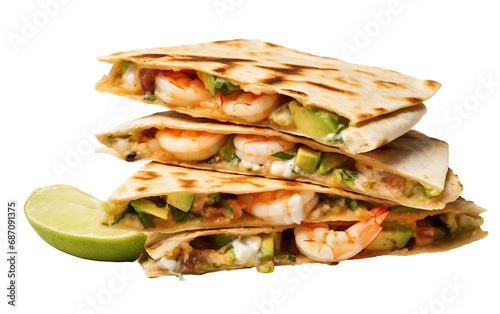 Scrumptious Shrimp and Avocado Quesadilla Isolated on Transparent Background PNG.
