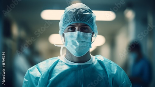 Surgeon in full protective medical gear, standing in the hospital portrait. Male doctor in a mask and scrubs preparing for an operation in the operational room. Doctors working during the pandemic.