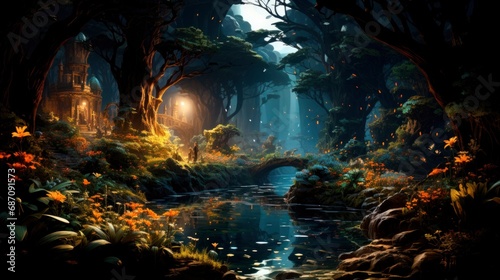 The forest at night is a canvas of fantasy, where magic breathes life into the green wilderness photo
