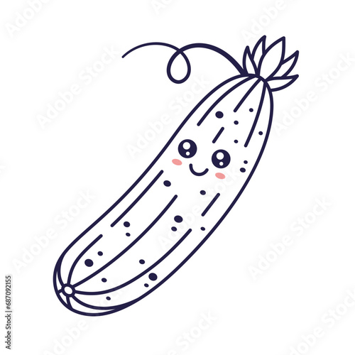 Cute Kawaii Cucumber cartoon kids illustration. Food vegetable outline line art illustration. Cucumber character, mascot in Doodle style. Kids Coloring book.