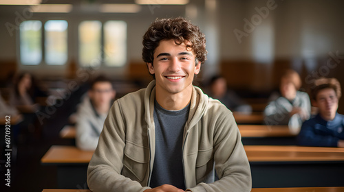 Smiling male student sitting in university classroom. generative ai.
