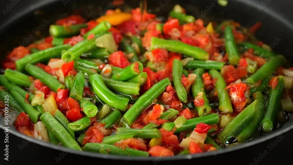 Pouring oil for frying vegetables in pan. Green beans, tomatoes, bell peppers ready for cooking Pouring oil for frying vegetables in pan. Green beans, tomatoes, bell peppers ready for cooking