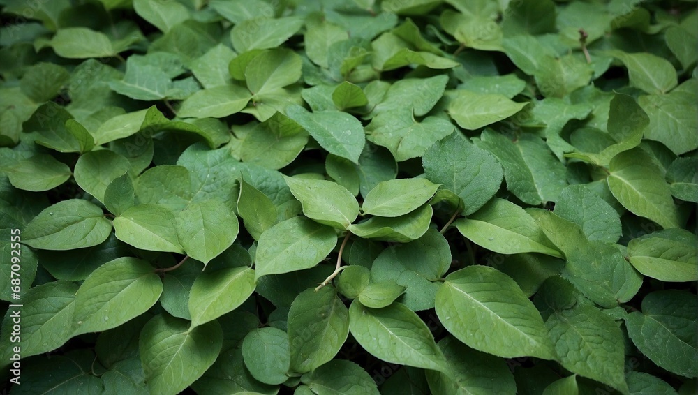 Dense green foliage texture with overlapping heart-shaped leaves, fresh and vibrant Dense green foliage texture with overlapping heart-shaped leaves, fresh and vibrant