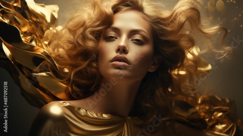 Fashion girl with long hair in golden clothes. Gold color concept. Closeup Beautiful face of young sensual attractive blonde woman. Fantasy style. Art Portrait of a beautiful girl with pro makeup.