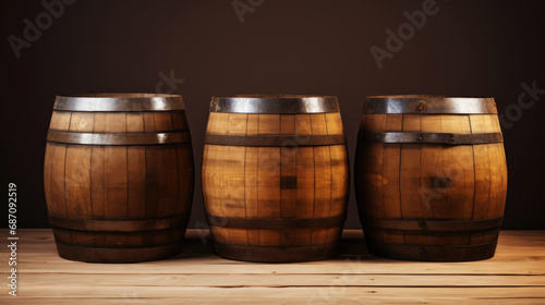 Three wooden barrels on wooden background in cellar of vinery. Generative AI © AngrySun