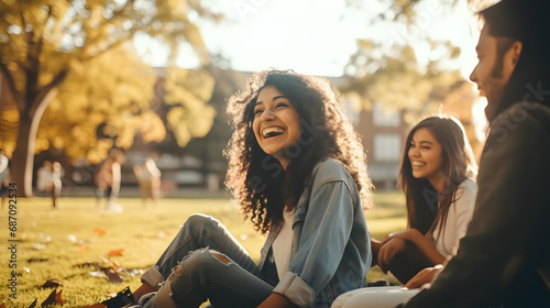 Student friendship concept with multiracial classmate friends sitting together on the grass at campus college park. Millennial people having fun social gathering outside. Youth and edu. generative ai. photo