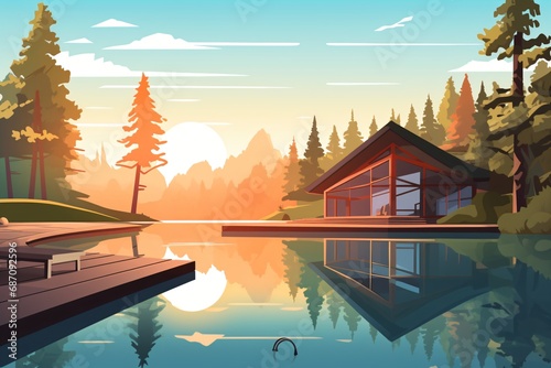 A cartoon illustration of a beautiful house by the lake