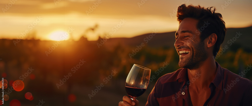 Portrait of a smiling man with a glass of wine, blurred backdrop of vineyard on a sunset. Generative AI - obrazy, fototapety, plakaty 