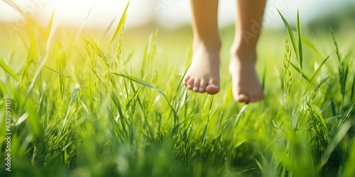 Cute Young Happy Girl.A young girl barefoot on the green grass connecting with nature. photo