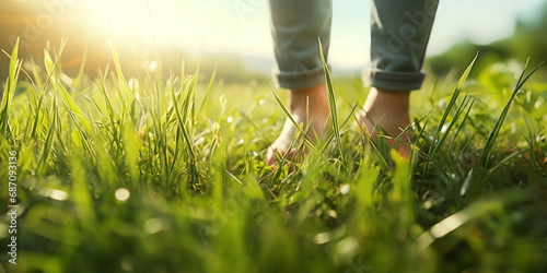 Cute Young Happy Girl.A young girl barefoot on the green grass connecting with nature. photo