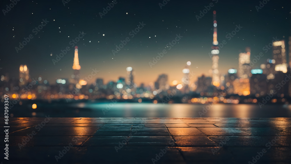 An abstract cityscape background bathed in moonlight and glowing bokeh lights, offering a serene yet captivating scene with a hint of vintage color tones.