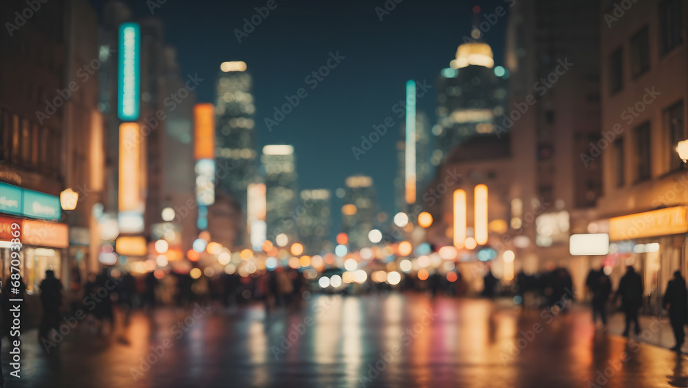 An abstract cityscape background with defocused lights and subtle shadows, treated in retro color tones, offering an artistic impression of urban life at night. - obrazy, fototapety, plakaty 