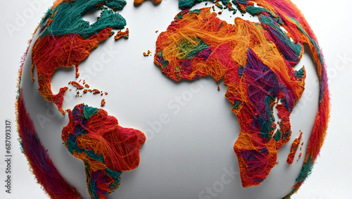 Weltkugel, die Kontinente sind mit buntem Garn dargestellt. Alles ist mit Allem verbunden.