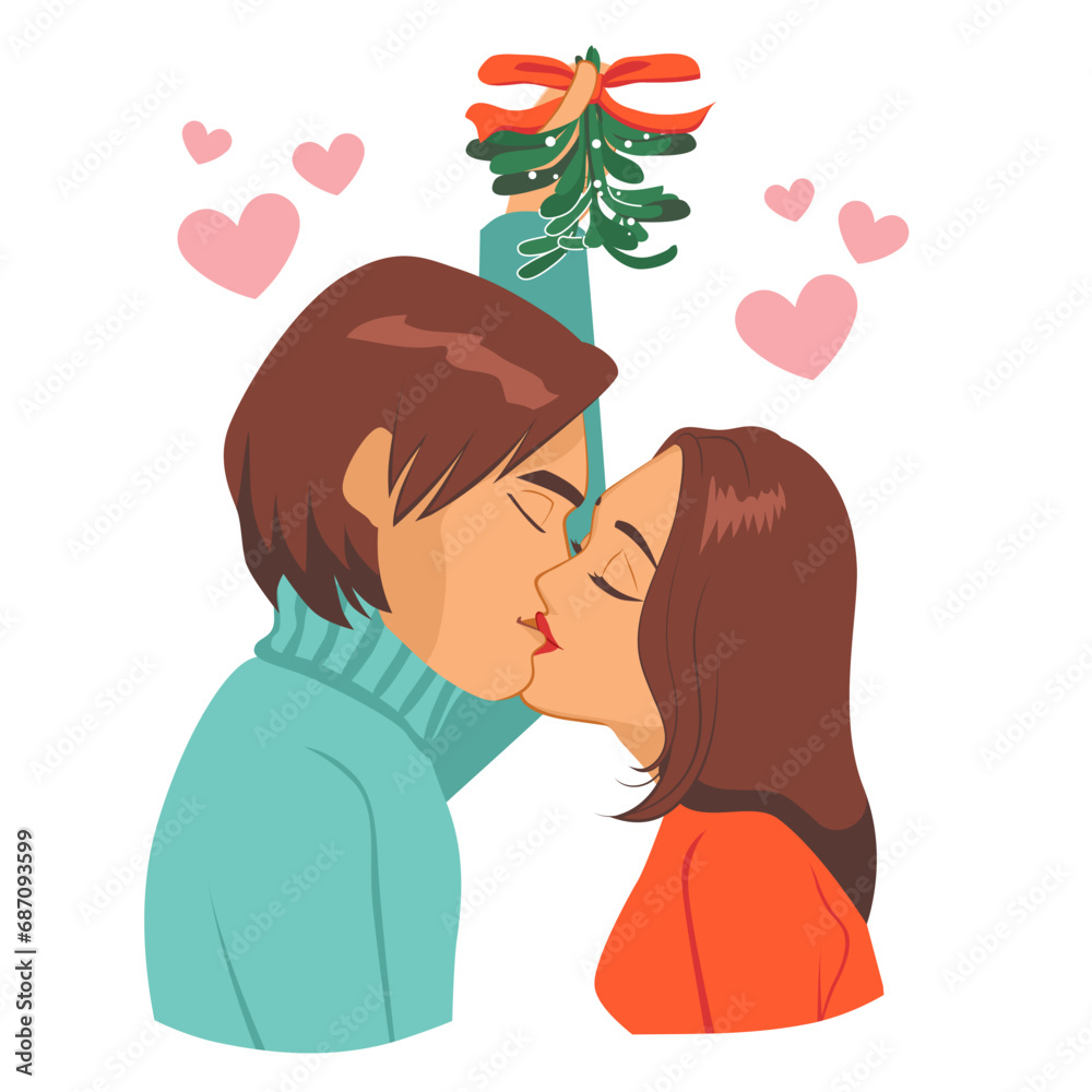 Young couple kissing under mistletoe branch vector illustration. Woman and man on Christmas season isolated on white background Young couple kissing under mistletoe branch vector illustration. Woman and man on Christmas season isolated on white background