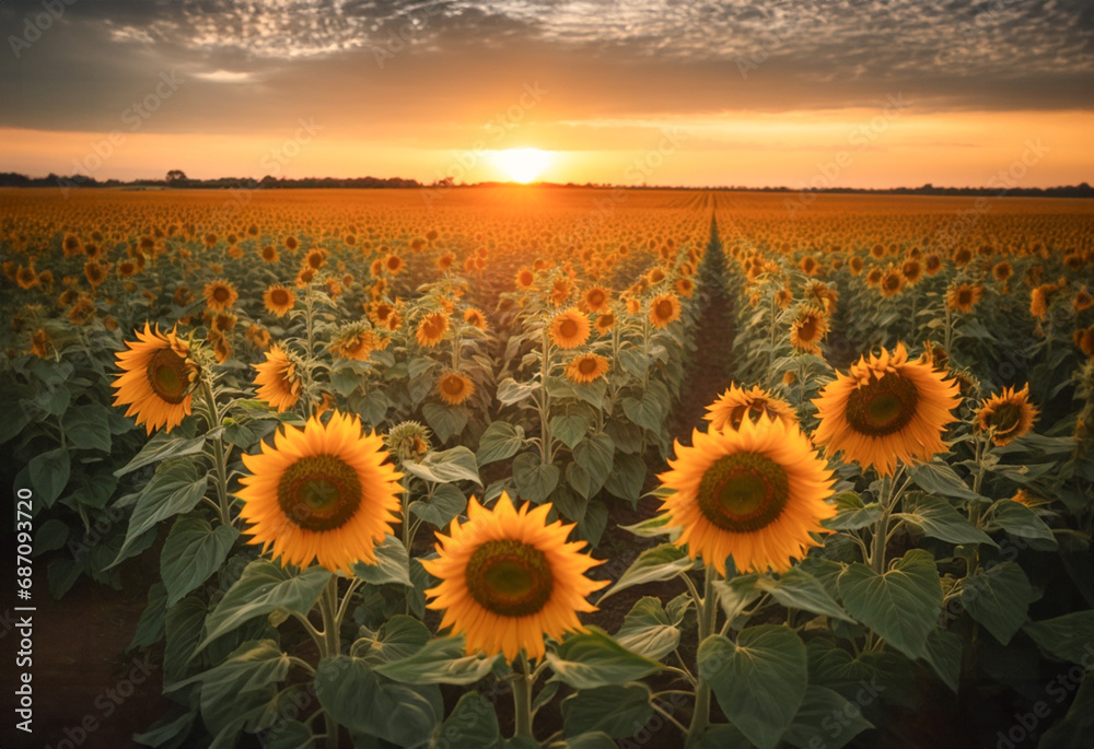 sunflower field with sunset