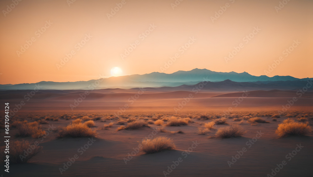 An abstract desert landscape with mirage-like bokeh lights shimmering across the horizon, captured in vintage color tones to convey a sense of mystique and nostalgia.