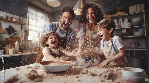 Young caucasian family being messy and having fun baking together in the kitchen. generative ai. photo