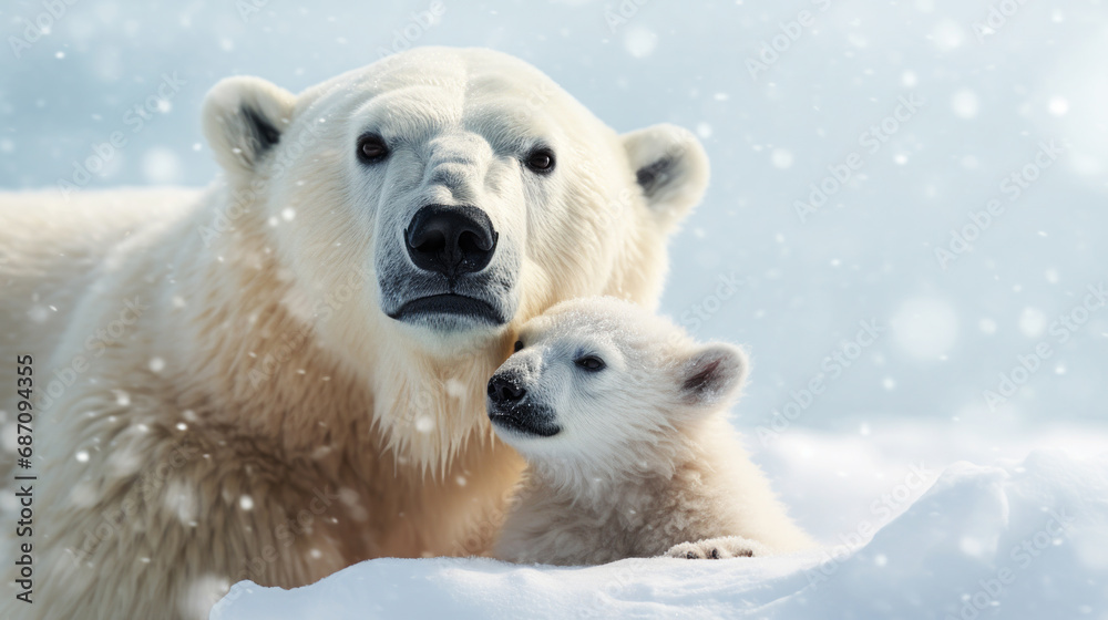 Portrait of mother polar bear with her cute cub Portrait of mother polar bear with her cute cub